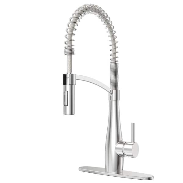 HOMLUX Single-Handle Spring Neck Pull Down Sprayer Kitchen Faucet with Dual Function and Deck Plate in Chrome