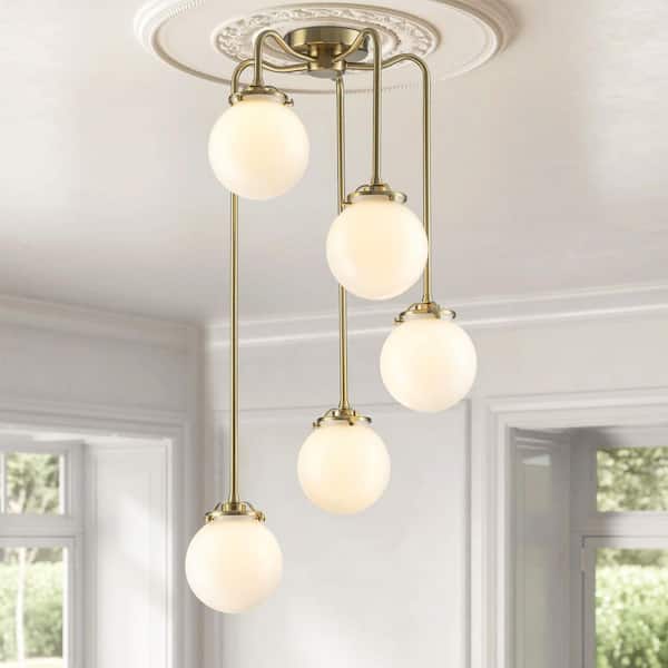 Malbon 5-Light 18.5 in. Modern Brass Linear Geometric Waterfall Chandelier with Polished Opal Glass Globe Shade