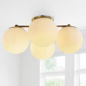 Orly 18 in. 4-Light Brass Gold Bohemian Farmhouse Iron/Frosted Glass LED Semi Flush Mount, White