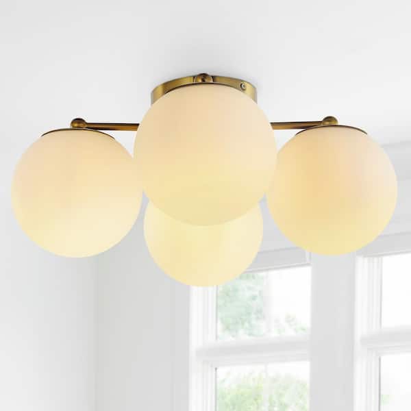 JONATHAN Y Orly 18 in. 4-Light Brass Gold Bohemian Farmhouse Iron/Frosted Glass LED Semi Flush Mount, White