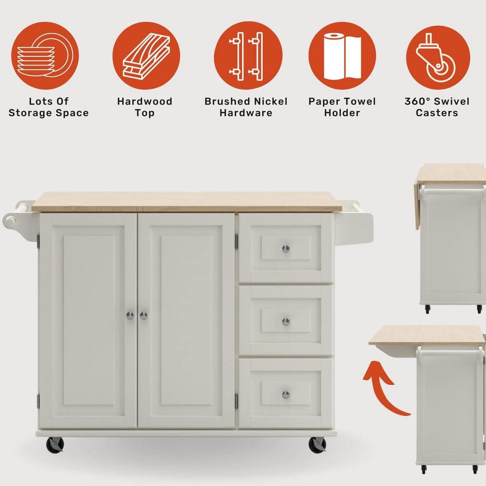 White Wood Drop Leaf Kitchen Cart with Spice Rack