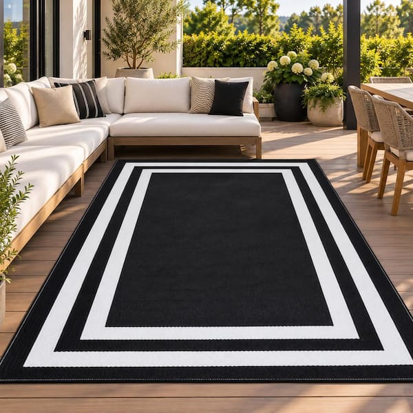 Paris Black White 8 ft. x 10 ft. Reversible Recycled Plastic Indoor/Outdoor Area Rug-Floor Mat