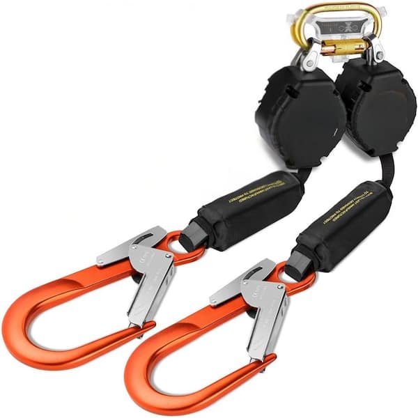 6 Ft. Fall Protection Retractable Lanyard, Twin Leg Tangle-Free Webbing Shock Absorber Dual Aluminum Pelican Rebar Hook