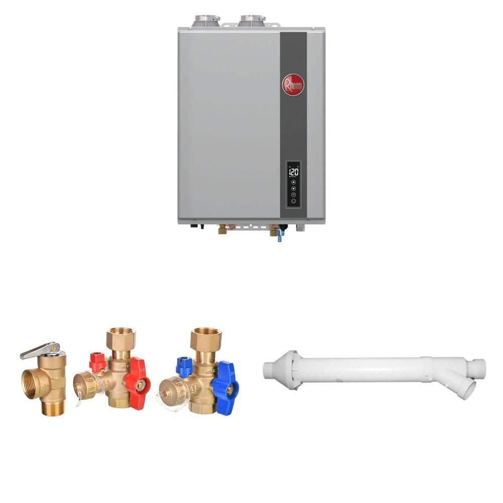9.5 GPM Smart Tankless Water Heater, Brass Service Valves, and 3 in. Vent Termination Kit
