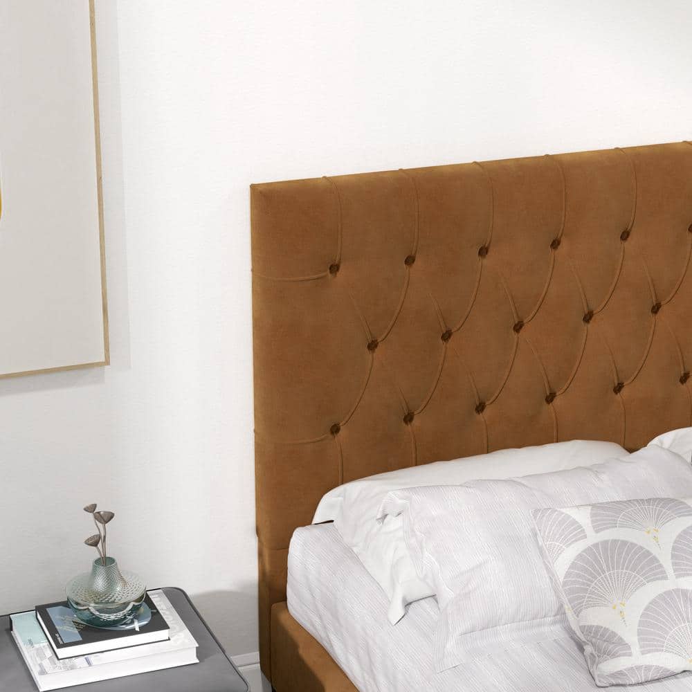 Elda Walnut Queen Platform Bed with Tufted Velvet Upholstery