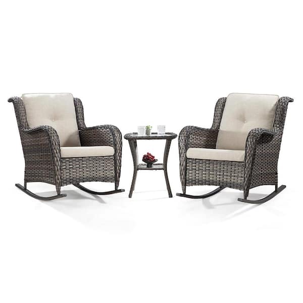 Sudzendf Brown 3-Piece Patio Wicker Outdoor Rocking Chair Set with Beige Cushions