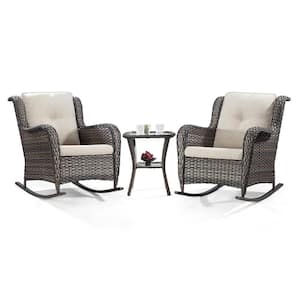 Brown 3-Piece Patio Wicker Outdoor Rocking Chair Set with Beige Cushions