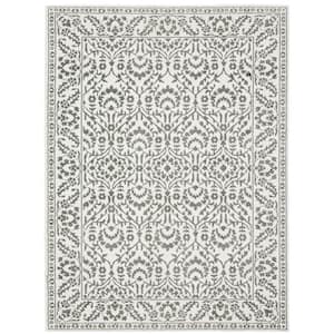 Monticello Gray/White 5 ft. x 8 ft. Oriental Floral Border Polyester Indoor Area Rug