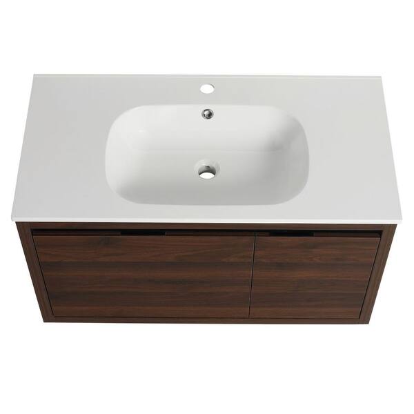 Miscool Anky 35.6 in. W x 18.5 in. D x 19.4 in. H Single Sink Bath Vanity in California Walnut with White Gel Acrylic Top