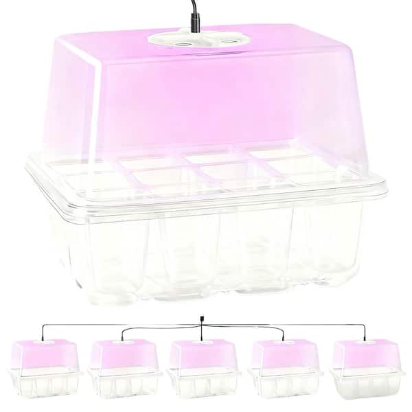 5-Packs Seed Starter Tray with Grow Light, Adjustable Humidity Domes, Clear Cell Tray, 12 Full Spectrum LED Beads, Clear