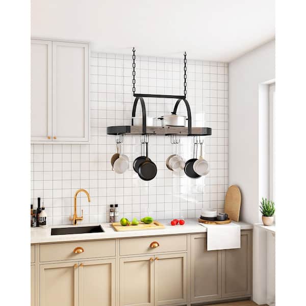 Hanging Pot Rack, Pot Hanger for Kitchen, Ceiling Mounted Pot Holder, Cookware Organizer with 12 S-Shaped Hooks, Gray