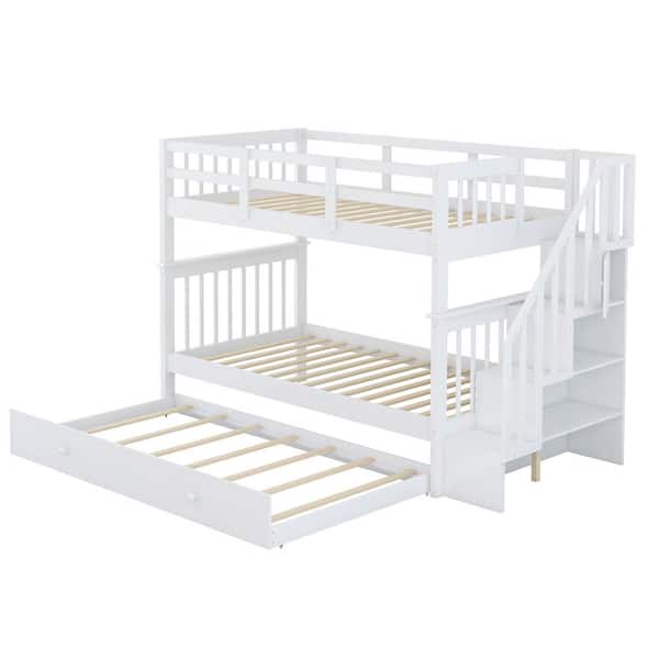 White Stairway Twin-Over-Twin Bunk Bed with Twin size Trundle for Bedroom, Dorm, Adults