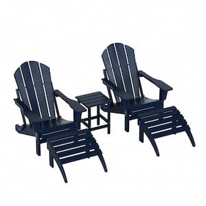 Laguna (5-Piece) Outdoor Patio Classic HDPE Folding Adirondack Chair with Ottoman and Side Table Set in Navy Blue