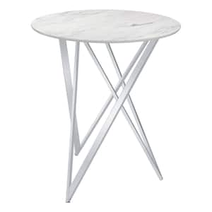 Bexter 35.25 in. Round White and Chrome Faux Marble Top Bar Table
