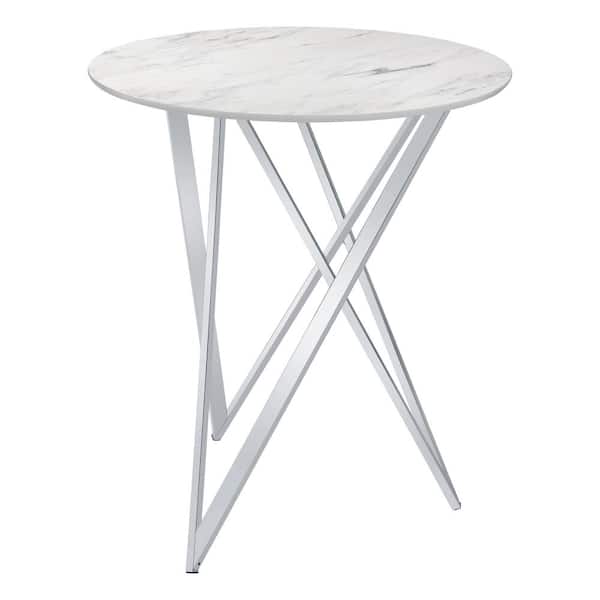Coaster Bexter 35.25 in. Round White and Chrome Faux Marble Top Bar Table