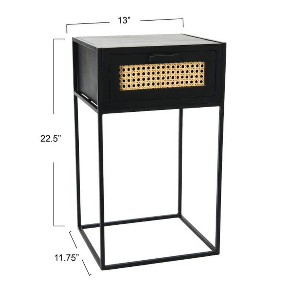 Compact Black Mango Wood Nightstand with Woven Cane Drawer