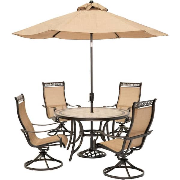 Hanover Monaco 5-Piece Outdoor Round Patio Dining Set and 4 Swivel Rockers and Umbrella