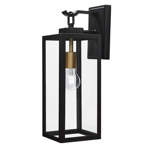 Hampton Bay Maplebrook Matte Black with Gold Accents 1-Light Hardwired Outdoor Porch Light Wall Lantern Sconce with No Bulb Included
