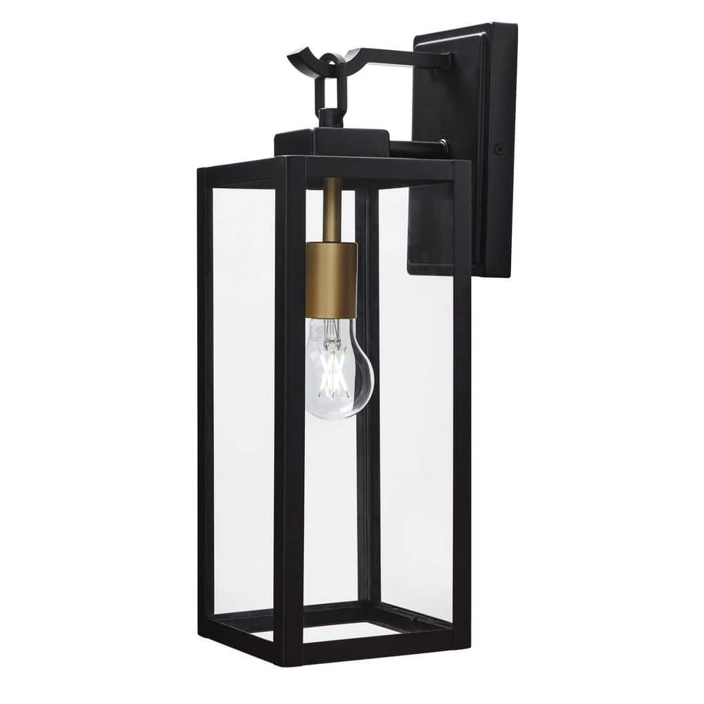 Maplebrook 18 in. Matte Black with Gold Accents 1-Light Outdoor Line Voltage Wall Sconce with No Bulb Included -  Hampton Bay, HB7098-43