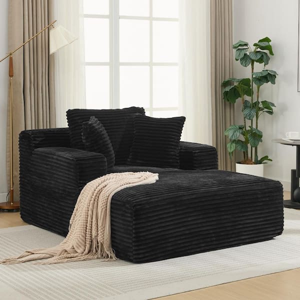 Luxury Collection Black Corduroy Polyester Square Arm Chaise Lounge with Removable Pillows No Assembly Required