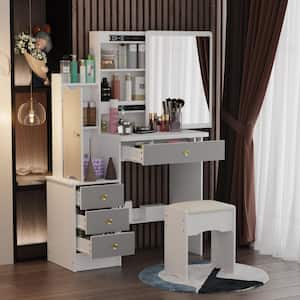 4-Drawers Gray Wood Dresser Dressing Table Sets with Push Pull Big Mirror, Storage Shelves and Stool