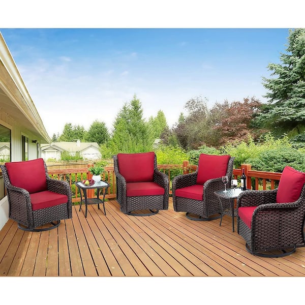 AndMakers Black 3-Piece Outdoor Wicker Outdoor Bistro Set with Red Cushions and Armored Glass Top Side Table