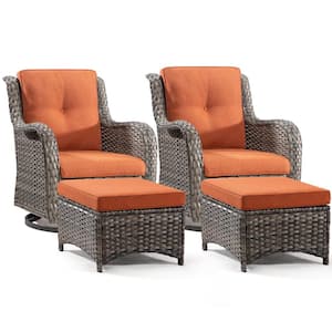 4-Piece Wicker Patio Outdoor Conversation Rocking Chair Set with Orange Cushions