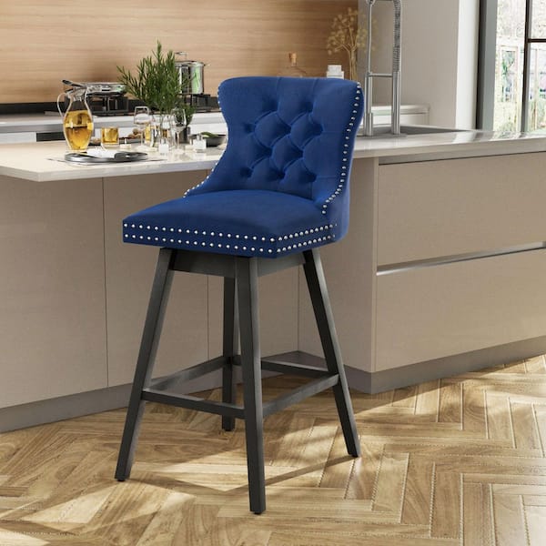 26 in. Blue Velvet Upholstered Solid Wood Frame Counter Height Bar Stool Swivel Counter Stool with Back (Set of 1)