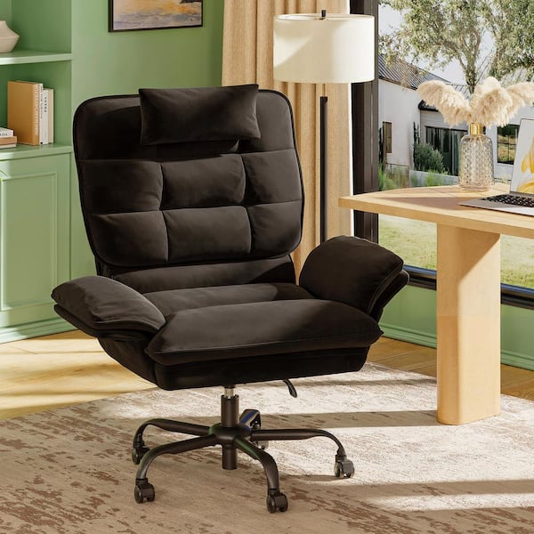 Velvet Seat High-Back Ergonomic Office Chair in Black with Adjustable Padded Arms, Swivel Chair with Padded Headrest