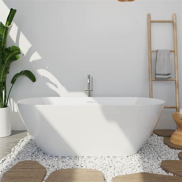 MYCASS 55 in. L x 29 in. W Acrylic Freestanding Soaking Flatbottom Non-Whirlpool Bathtub with Drain, cUPC Certified in White