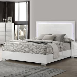 Mesala White Wood Frame Eastern King Panel Bed with LED on Headboard