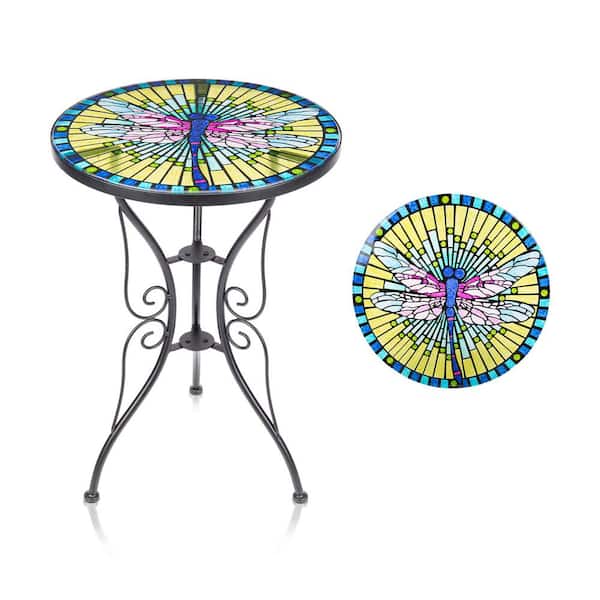 MUMTOP 14 in. Yellow Side Tables Glass Top Butterfly Outdoor Accent Table