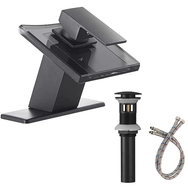 FLG Single Handle Single Hole Waterfall Bathroom Sink Faucet with Pop-Up Drain Kit and Deckplate Included in Matte Black