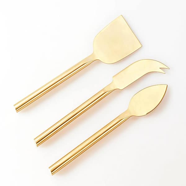 Set of 3 Gold Long-Handle Cheese Knives with Pronged, Flat, and Parmesan Blades for Serving and Cutting