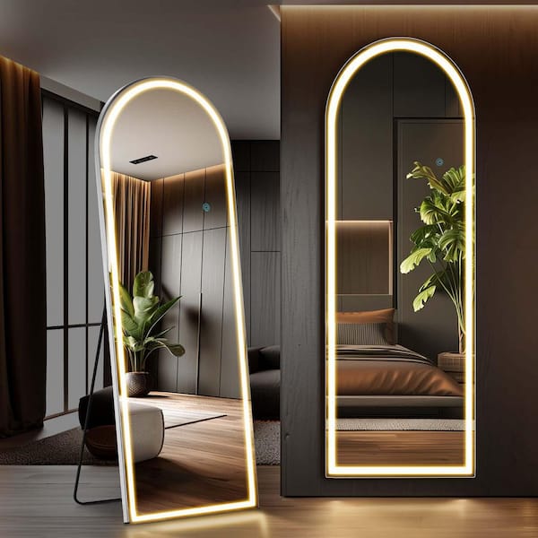 White 20 in. W x 63 in. H Arch Full Length Mirror with LED Lights, Lighted Standing Floor Mirror, 3 Color Lighting