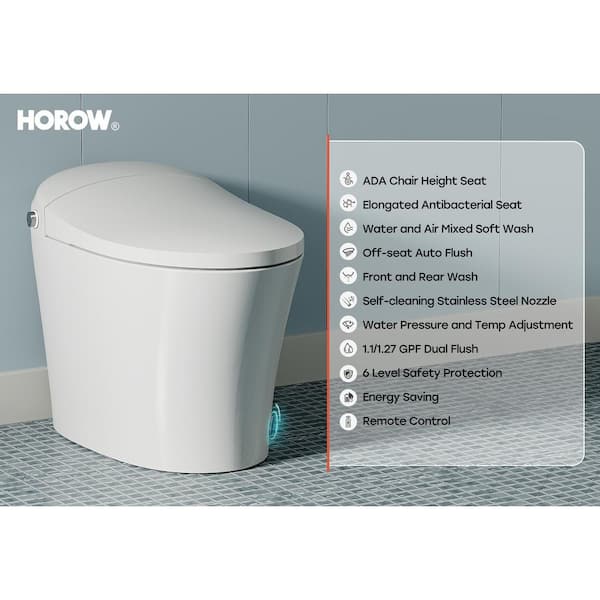 HOROW 1/1.27 GPF Tankless Smart Toilet Bidet with Dual Flush System, White