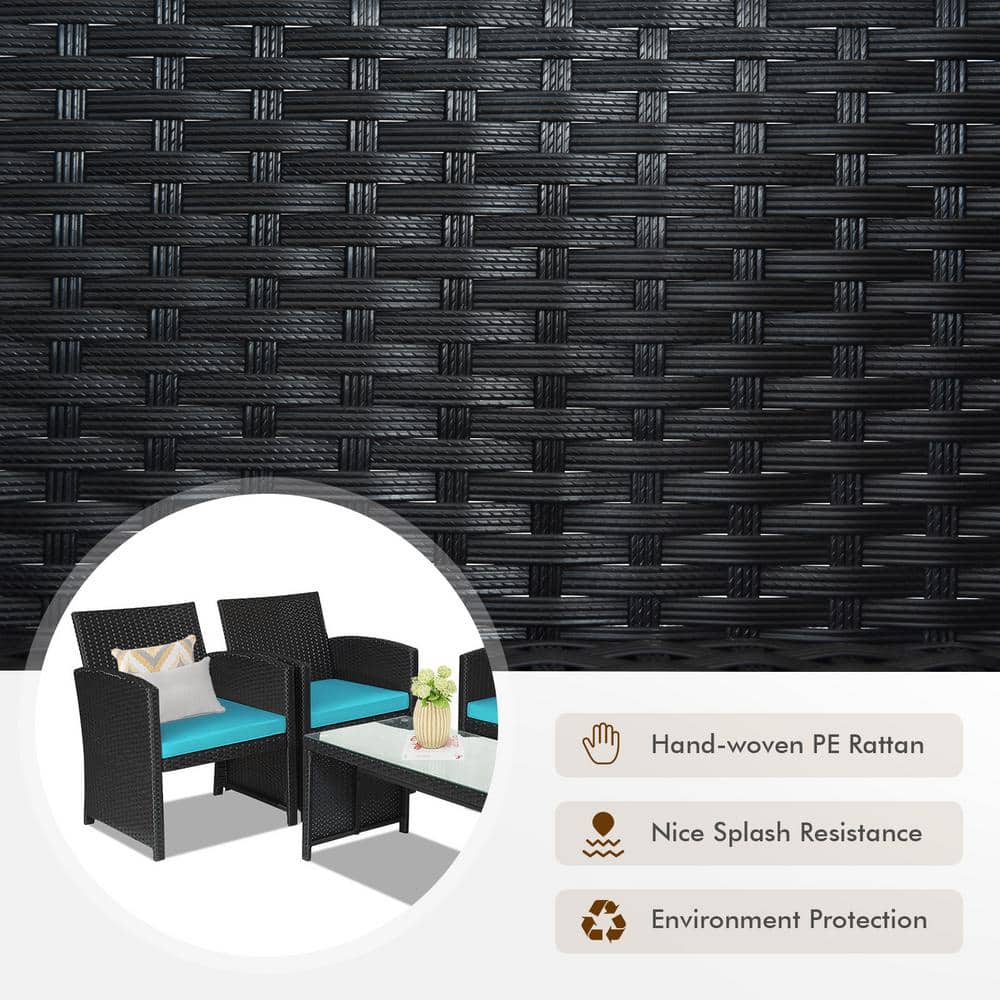 Turquoise Cushioned Black Wicker 4-Piece Patio Conversation Set