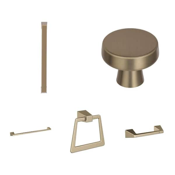 Blackrock Golden Champagne Hardware Set: 6-5/16 in. Arch Pull, 1-5/16 in. Knob, 24 in. Towel Bar, Towel Ring and Holder
