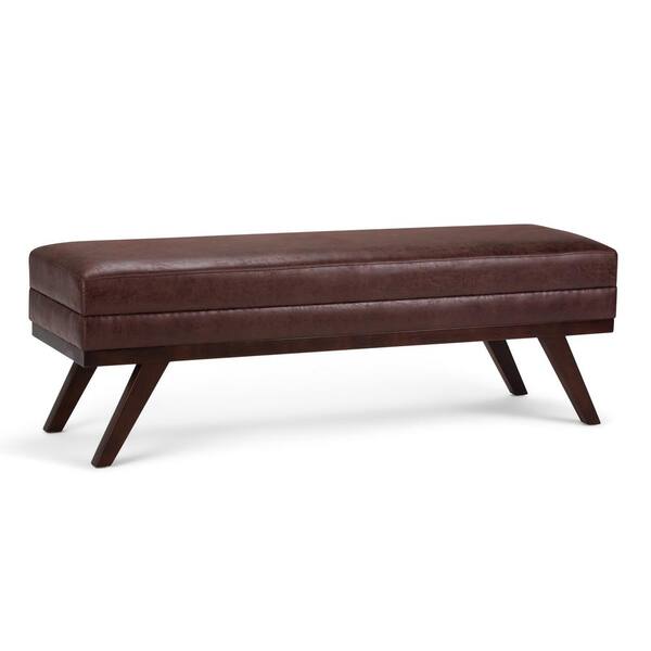 Simpli Home Oscar 60 in. Ottoman Bench in Distressed Brunette Faux Air Leather