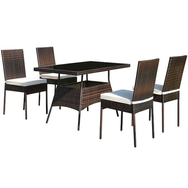 Costway 5-Piece Wicker Rectangular 29 in. Outdoor Dining Set Glass Table High Back Chair with White Cushion