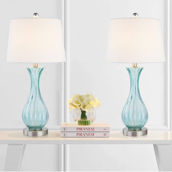 Maxax Denver 25 in. Blue Glass Table Lamp with White Linen Shade (2-Pack)