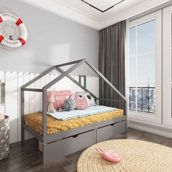 GHOUSE Gray Twin Size Wooden House Bed with 2-Drawers and Roof