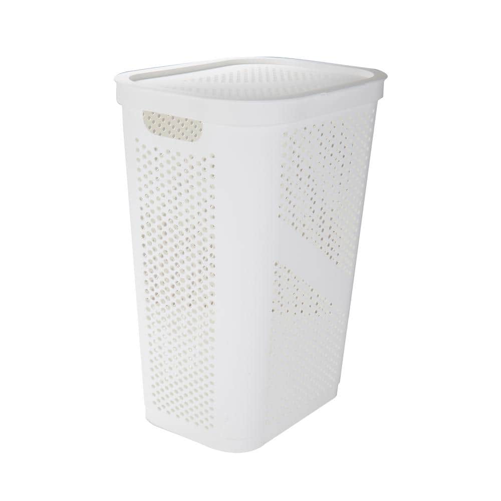 White Plastic Collapsible Upright Laundry Hamper with Lid