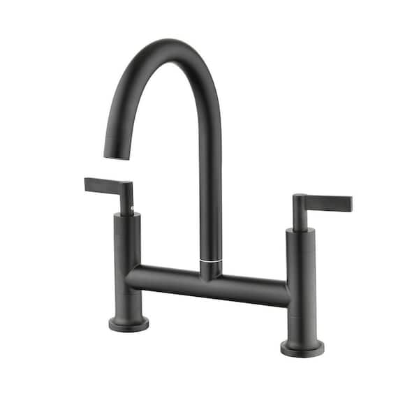 Flynama Two Hole Double Handle Bridge Kitchen Faucet in Matte Black