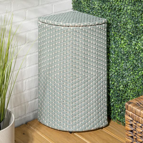 Chloe 15.56 Gal. All-Weather Wicker/Metal Corner Lid Hideaway Outdoor Trash Can, Mint Blue/White