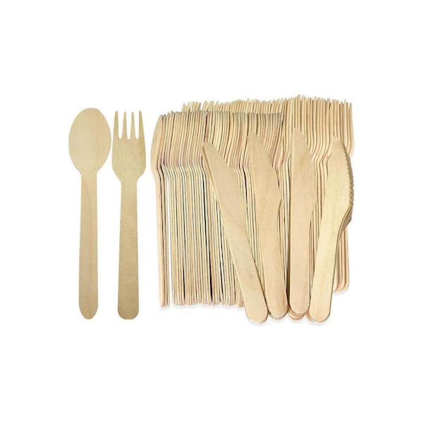Natural Wood Brown Disposable Wooden Cutlery Set Disposable Tableware 300 Pieces Per Case for Party Wedding BBQ