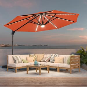 11 ft. LED Outdoor Cantilever Patio Umbrella with a Base and 360° Rotation and Infinite Canopy Angle Adjustment Red