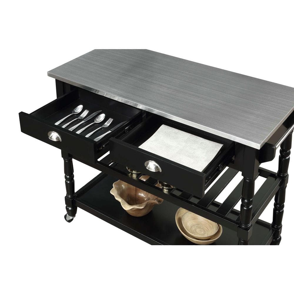 French Country Elegance Stainless Steel & Black Kitchen Cart with Wine Storage