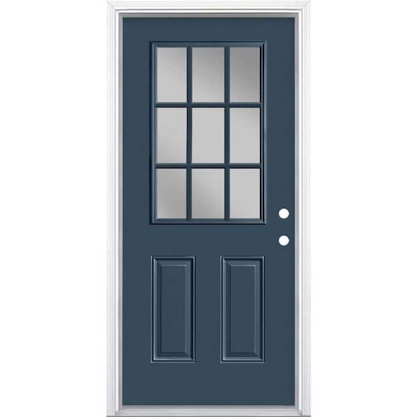 36 in. x 80 in. 9 Lite Left Hand Inswing Painted Steel Prehung Front Exterior Door with Brickmold