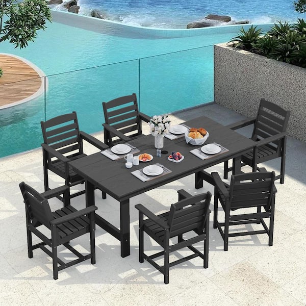 JEAREY HDPE 7-Piece Plastic Rectangle Table Standard Height Outdoor Dining Set in Black